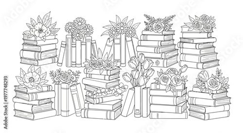 Vintage Books Stacked with Flowers, Romantic Library Decor, Artistic Line Art