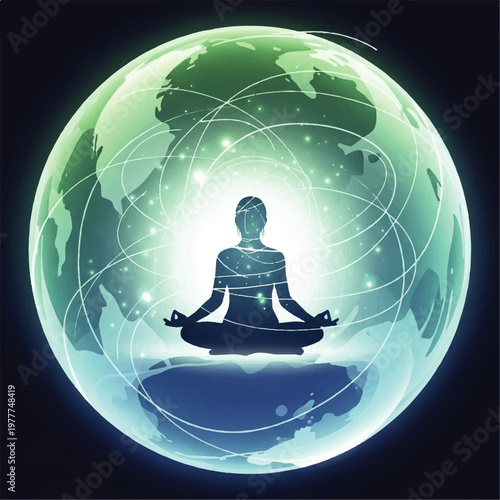 Meditating figure inside a glowing protective globe.