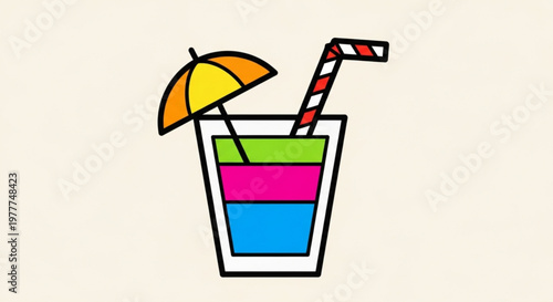 Colorful cocktail glass with umbrella and straw on beige background for summer fun and refreshment