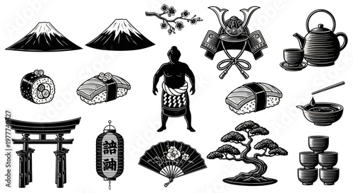 Japanese Culture Icons: Sumo, Sushi, Mt. Fuji, Samurai Helmet, Torii Gate, Bonsai Tree