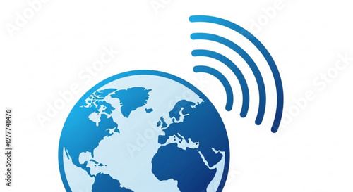 Global connectivity and communication symbol with blue globe and signal waves on white background