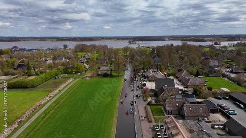 Aerial drone shots of the water village of Giethoorn Overijsel Netherlands