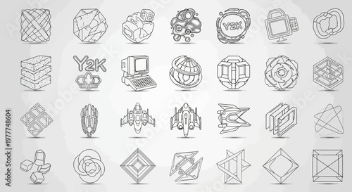 Y2K Retro Tech Icons: Futuristic Geometric Shapes, Vintage Computer, Spaceship, Abstract Designs