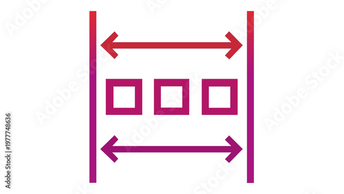 Vibrant red and purple gradient vector icon illustration of a grid system and page layout design, featuring horizontal arrows and square elements for web development, UI/UX, and graphic design.