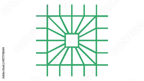 Minimalist vector illustration of a page layout alignment icon featuring a geometric grid with a central square and radiating lines in a purple to green gradient for web design and UI layout.