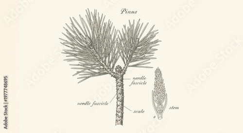 Pine Tree Branch and Needle Fascicle Botanical Illustration