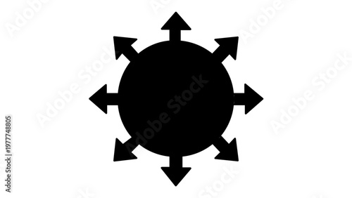 Minimalist black circular vector icon illustration featuring eight arrows pointing outward in all directions, symbolizing expansion, movement, navigation, and multi-directional growth for UI.