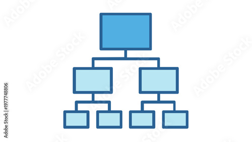 Modern flat vector icon illustration of a hierarchical tree diagram or organizational chart structure, representing page layout, site maps, business hierarchy, and data organization in blue.