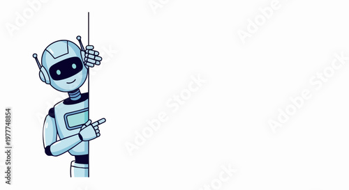 Flat vector illustration of a smiling humanoid AI robot pointing to empty space for text on a clean background, ideal for advertising banners, greeting cards, brochures, and digital or printed content