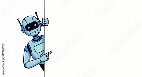 Flat vector illustration of a smiling humanoid AI robot pointing to empty space for text on a clean background, ideal for advertising banners, greeting cards, brochures, and digital or printed content