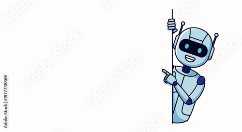 Flat vector illustration of a smiling humanoid AI robot pointing to empty space for text on a clean background, ideal for advertising banners, greeting cards, brochures, and digital or printed content
