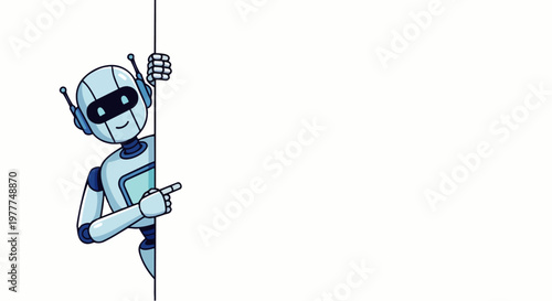 Flat vector illustration of a smiling humanoid AI robot pointing to empty space for text on a clean background, ideal for advertising banners, greeting cards, brochures, and digital or printed content