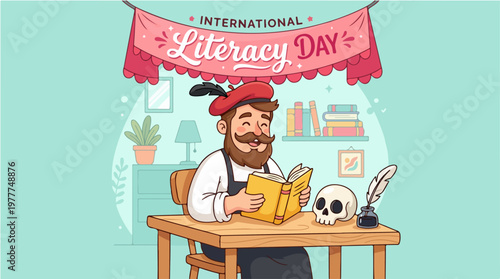 Shakespeare Day illustration of a writer working at a desk with books and quill on International Literacy Day