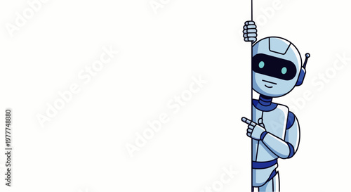 Flat vector illustration of a smiling humanoid AI robot pointing to empty space for text on a clean background, ideal for advertising banners, greeting cards, brochures, and digital or printed content