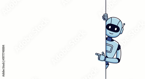 Flat vector illustration of a smiling humanoid AI robot pointing to empty space for text on a clean background, ideal for advertising banners, greeting cards, brochures, and digital or printed content
