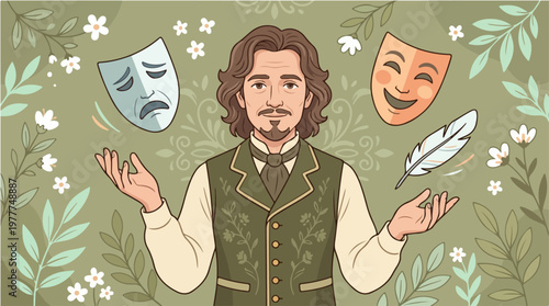 William Shakespeare Day illustration with theater masks and quill pen