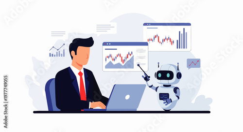 Flat vector illustration of an AI robot assisting a businessman with data analysis and financial graphs on a laptop. Concepts of artificial intelligence, business analytics, automation, and technology