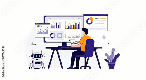 Flat vector illustration of an AI robot assisting a businessman with data analysis and financial graphs on a laptop. Concepts of artificial intelligence, business analytics, automation, and technology