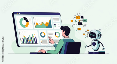 Flat vector illustration of an AI robot assisting a businessman with data analysis and financial graphs on a laptop. Concepts of artificial intelligence, business analytics, automation, and technology