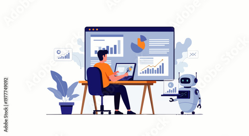 Flat vector illustration of an AI robot assisting a businessman with data analysis and financial graphs on a laptop. Concepts of artificial intelligence, business analytics, automation, and technology