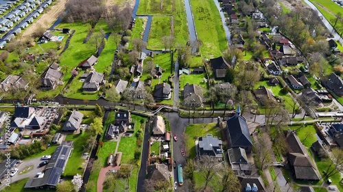 Aerial drone shots of the water village of Giethoorn Overijsel Netherlands