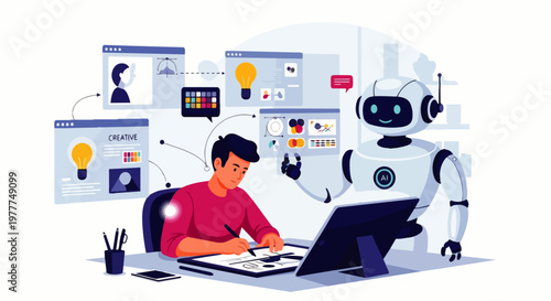 Flat vector illustration of an AI robot helping a young man in creating graphic designs on a computer or tablet. Concepts of artificial intelligence, the creative process, and human-AI collaboration.