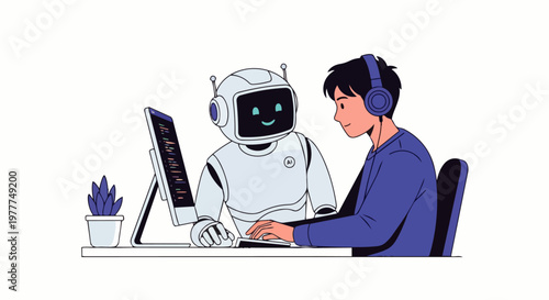 Vector illustration of a friendly AI robot helping a young man using a laptop, human-AI collaboration, virtual assistant support and modern technology that helps with work, coding or digital tasks.