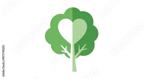 Green tree with heart shaped leafy foliage on white background symbolizing love and nature