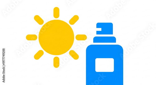 Sunscreen bottle with sun symbol for uv protection and skincare on a white background