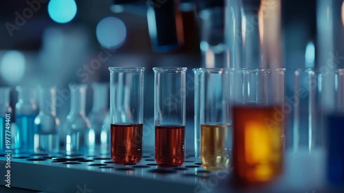 Laboratory Test Tubes with Colored Liquids.