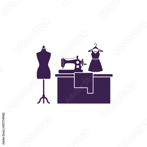 Minimalist fashion design studio setup with sewing machine, mannequin, and dress, symbolizing a creative atelier for clothing and apparel production