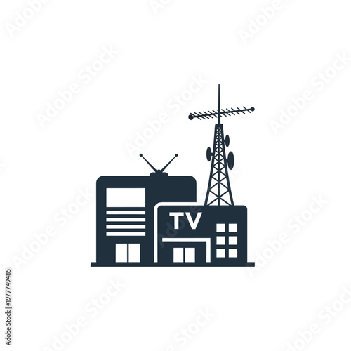 Minimalist illustration of a television station with an antenna and the word TV prominently displayed