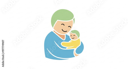 Smiling adult holding newborn baby green hair blue shirt yellow swaddle white background parenthood love care nurturing family bonding tenderness warmth innocence joy happy
