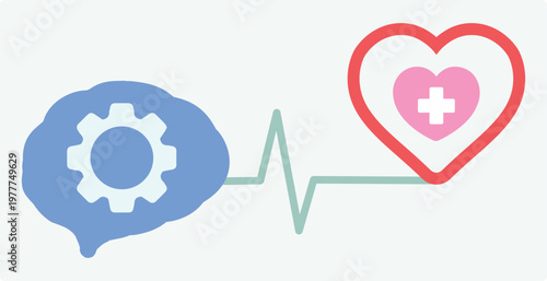 Medicine, heartbeat, mental health, heart, well-being, brain, feeling, template. Mind, therapy, pulse, psychology, emotion, doctor, wellness. Set, icon, concept, vector