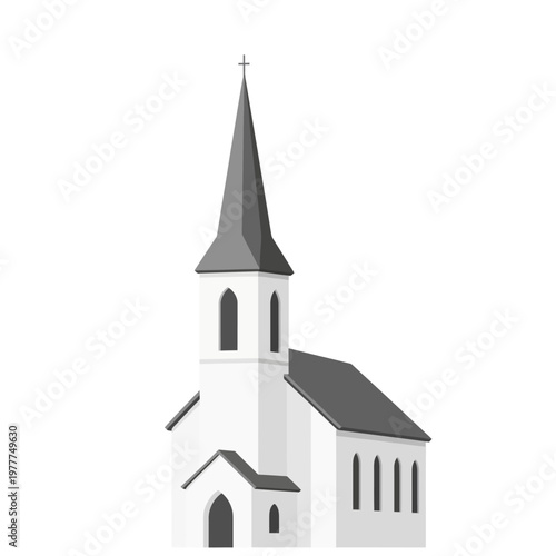 Clean grayscale vector illustration of a traditional church building, featuring a prominent steeple crowned with a cross, symbolizing faith, community, and sacred space with a minimalist design