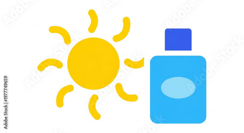 Sunscreen bottle with sun protection symbol on white background for summer safety and skin care