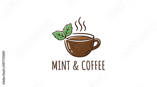 Mint and Coffee Logo Design with Steam Mint Leaves and Cup