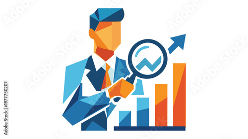 Business consultant vector illustration featuring a professional man analyzing financial growth charts with a magnifying glass. Geometric low poly style icon for data analysis and market research.