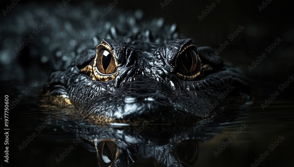 Fototapeta premium Close-up of a black alligator's face with golden eyes peeking out of dark water, showcasing its scaly skin and fierce gaze.