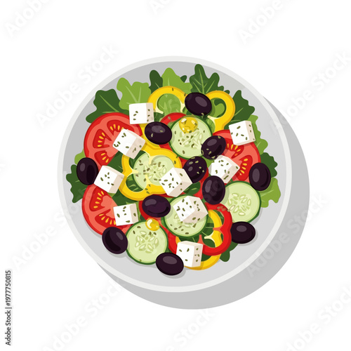 Vibrant and fresh Greek salad icon, a healthy meal illustration with crisp vegetables, feta cheese, and olives served in a white bowl, perfect for diet-conscious individuals