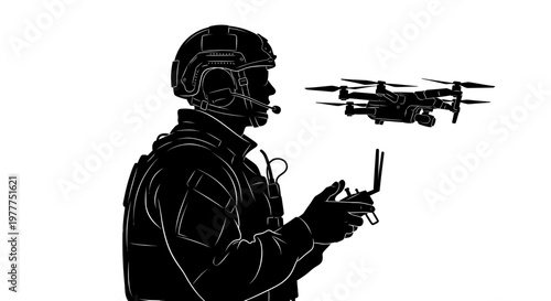 Soldier controlling drone, military surveillance technology, aerial reconnaissance