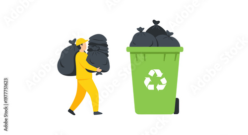 Waste collector with garbage bags next to a recycling bin