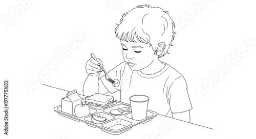 Young boy eating lunch from a school tray, illustration