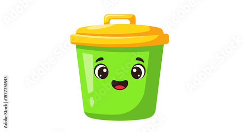 Cute cartoon green trash can with yellow lid and happy face, isolated on white background