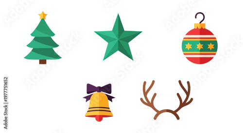 Christmas Icons: Tree, Star, Bauble, Bell, Antlers - Flat Design