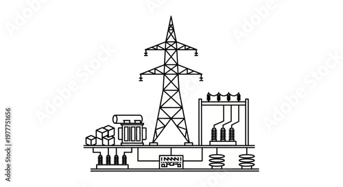 Electrical substation with power lines, transformers, and transmission tower
