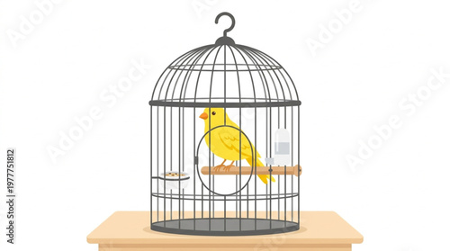 Yellow Canary Bird Sitting Inside a Traditional Metal Birdcage