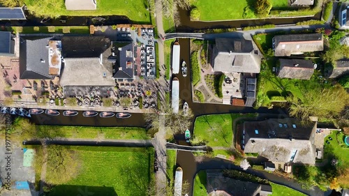Aerial drone shots of the water village of Giethoorn Overijsel Netherlands