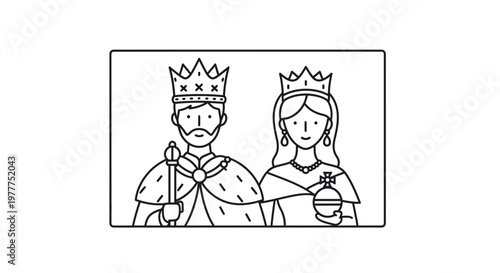Royal King and Queen Couple with Crowns and Regalia, Line Art Illustration