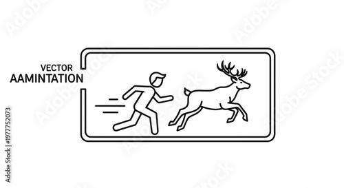 Running Man Chased by Deer, Vector Illustration, Motion Lines, Outdoor Scene